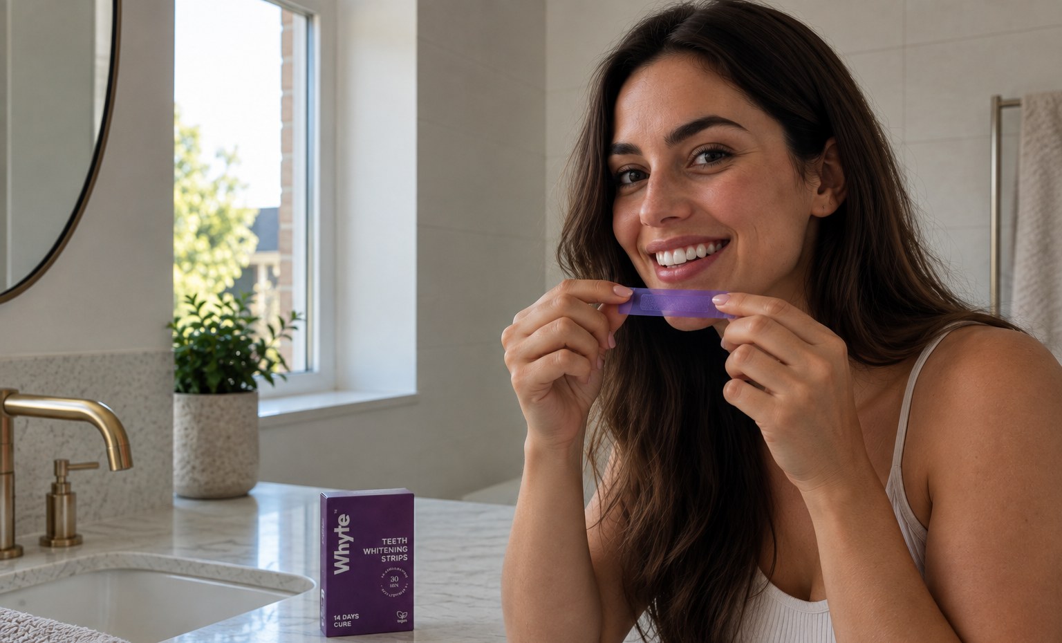 Jonge vrouw met een WHYTE whitening strip voor een stralende glimlach in een lichte badkamer